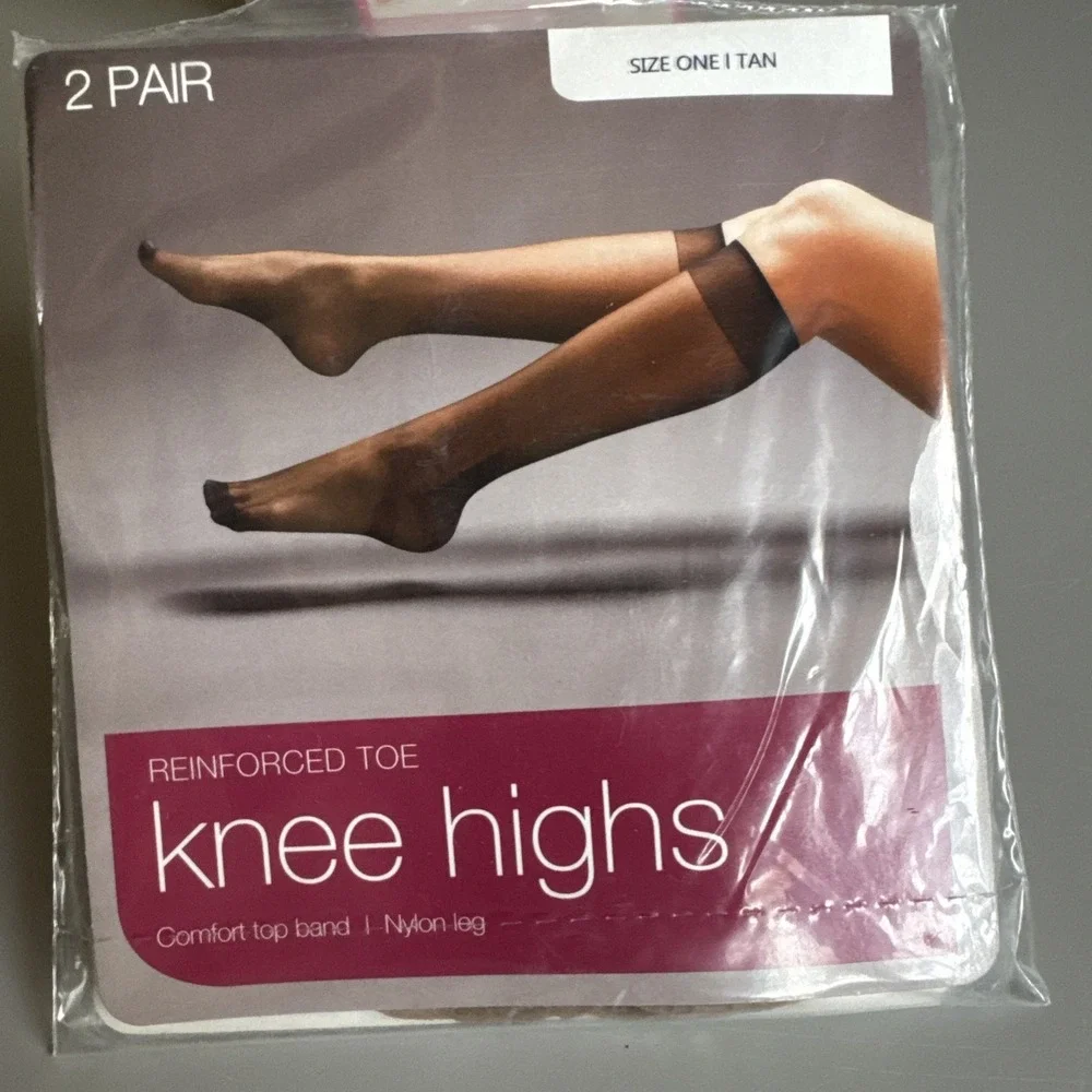 Lot Of 2 Knee Highs Hosiery Suntan Tan One Size 8.5-11 Made In USA 1990s & 2012